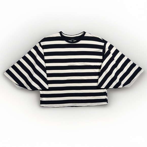 Who What Wear Tops - Who What Wear Womens L Black White Stripe Bell Sleeve Cotton Top Shirt